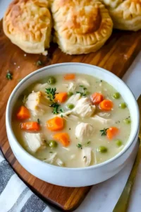 Leckere Hühnchen Pot Pie Suppe in einer bunten Schüssel serviert