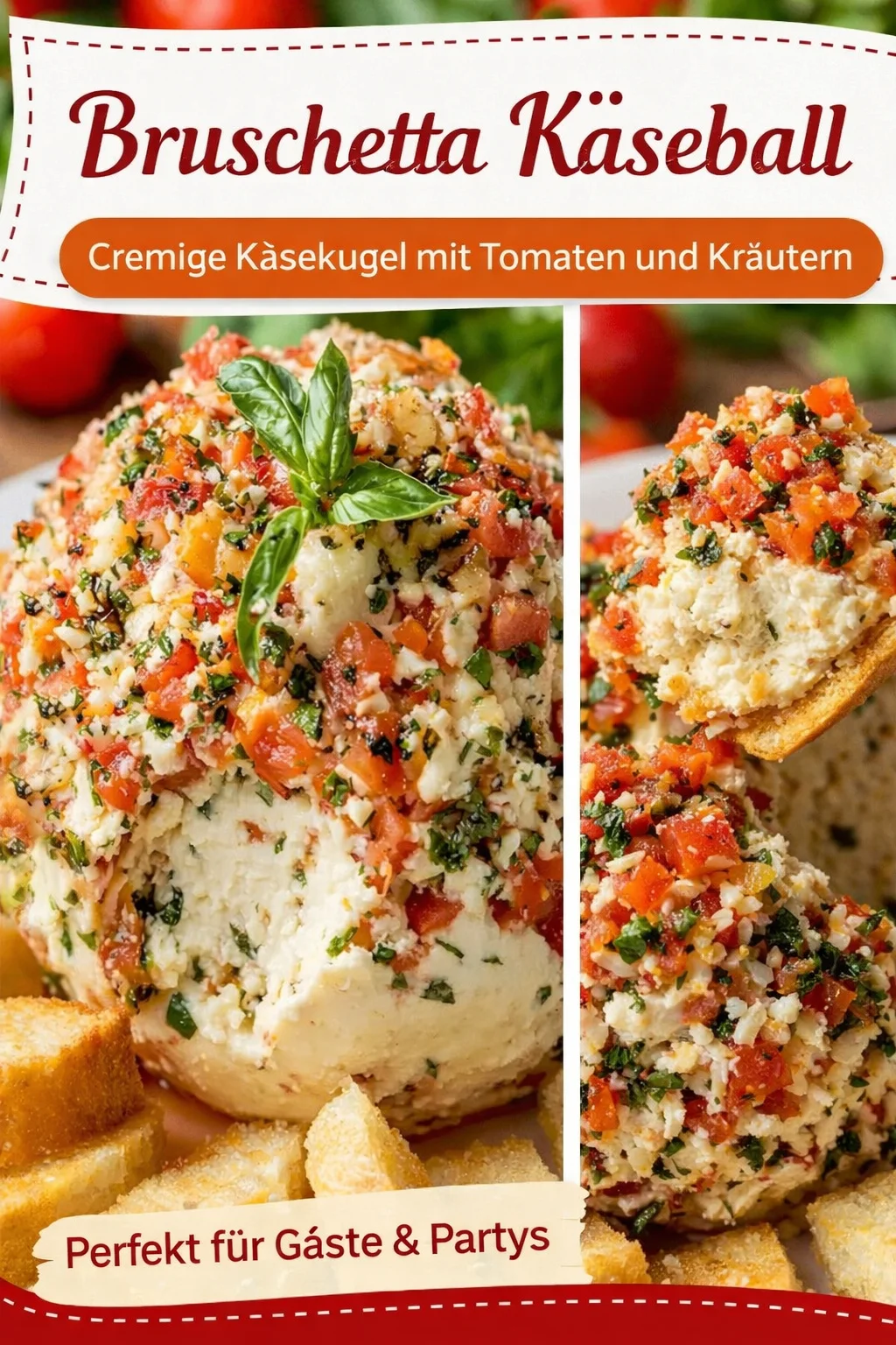 Käseball mit Bruschetta – Der Party-Hit für dein nächstes Buffet - Entdecke unser Rezept für einen cremigen Bruschetta Käseball, der auf keiner Party fehlen darf! Perfekt als Snack oder Beilage und ganz einfach zuzubereiten. Überrasche deine Gäste mit diesem geschmacklichen Highlight! Probiere es jetzt aus und mach dein nächstes Event unvergesslich! #Bruschetta #Käseball #Partyrezepte