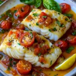 Kabeljau in Tomaten-Zitronen-Butter-Sauce auf einem Teller serviert