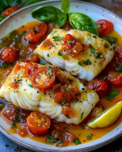 Kabeljau in Tomaten-Zitronen-Butter-Sauce auf einem Teller serviert