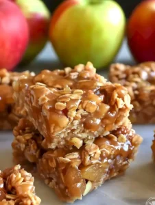 Karamell-Apfel-Riegel mit Haferflocken auf einem Holzbrett