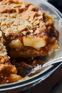 Karamell-Apfel-Kipptorte mit Äpfeln und Karamellsoße auf einem Teller