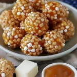 Karamell-Marshmallow-Reis-Krispie-Bälle auf einem Teller, süß und knusprig