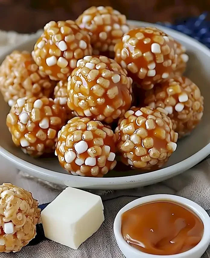 Karamell-Marshmallow-Reis-Krispie-Bälle auf einem Teller, süß und knusprig