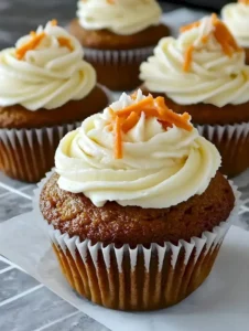 Karotten-Cupcakes mit Frischkäse-Frosting auf einem dekorativen Teller