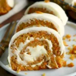 Karottenkuchen-Rolle mit Sahne-Käse-Füllung auf einem Teller