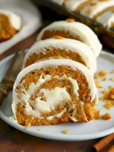 Karottenkuchen-Rolle mit Sahne-Käse-Füllung auf einem Teller