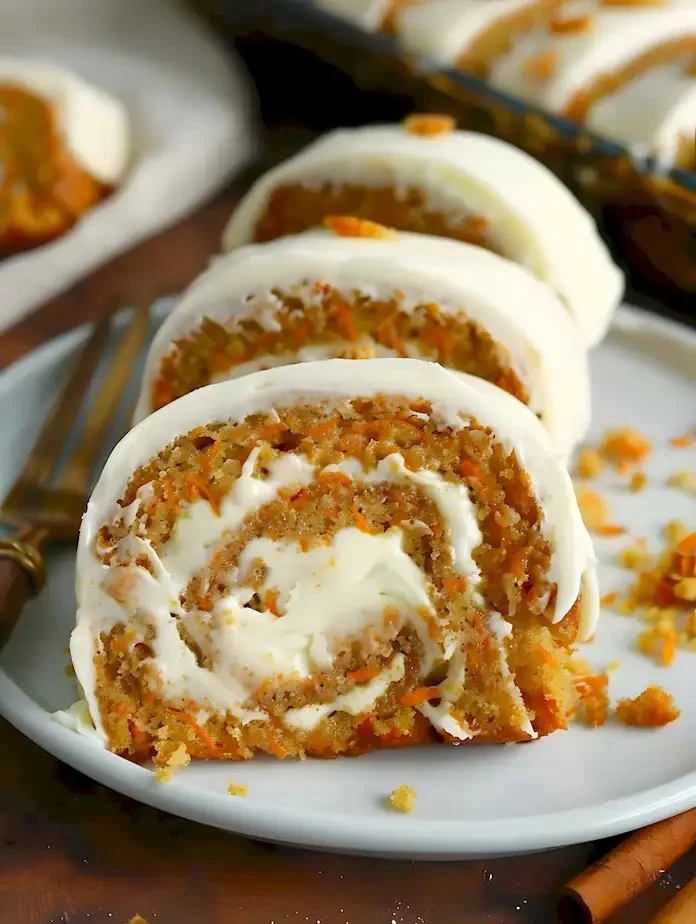 Karottenkuchen-Rolle mit Sahne-Käse-Füllung auf einem Teller