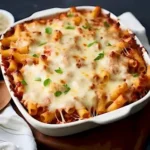 Ein Teller Käse Baked Ziti, frisch aus dem Ofen, mit geschmolzenem Käse und Pasta.