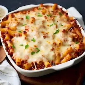 Ein Teller Käse Baked Ziti, frisch aus dem Ofen, mit geschmolzenem Käse und Pasta.
