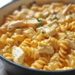 Leckeres Käse-Hühnchen-Rotini Gericht mit cremiger Sauce und Hühnchenstücken
