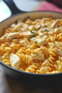 Leckeres Käse-Hühnchen-Rotini Gericht mit cremiger Sauce und Hühnchenstücken