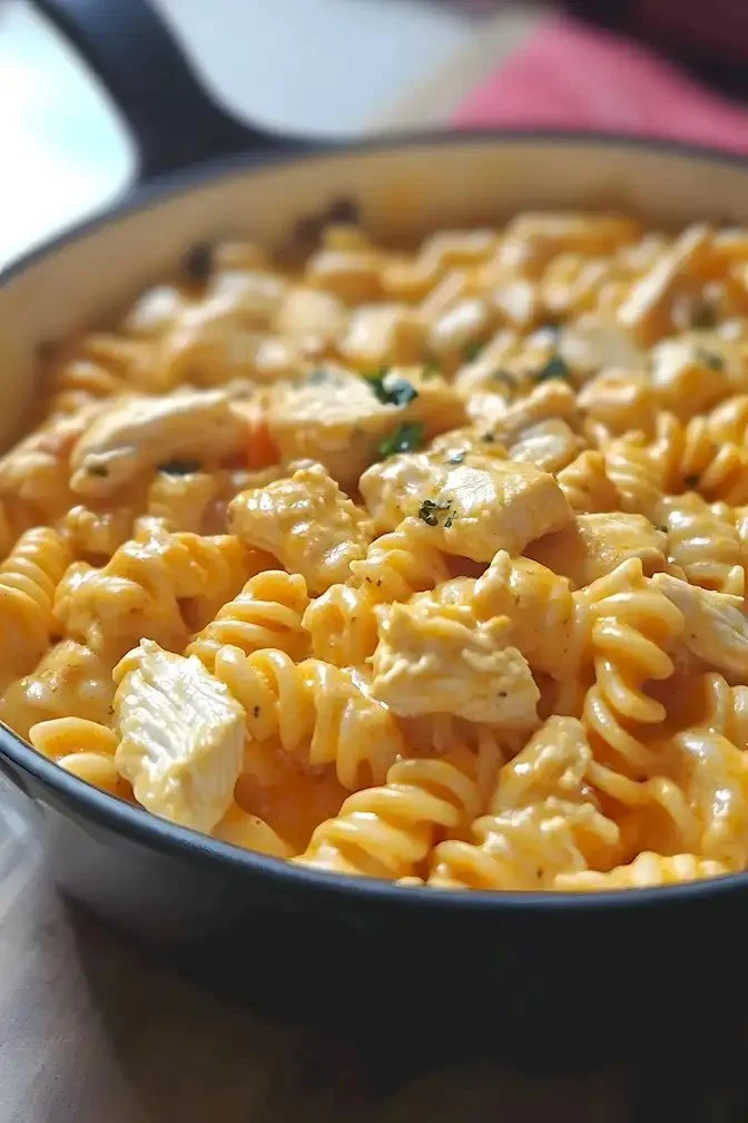 Leckeres Käse-Hühnchen-Rotini Gericht mit cremiger Sauce und Hühnchenstücken