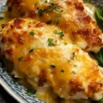 Käse-Ranch-Hühnchen mit cremiger Sauce und frischen Kräutern auf einem Teller.