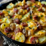 Käse-Ranch-Kartoffeln serviert mit Wurst auf einem Teller.