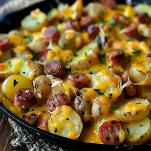 Käse-Ranch-Kartoffeln serviert mit Wurst auf einem Teller.