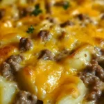 Käse-Rindfleisch-Gericht mit Kartoffeln in Scheiben auf einem Teller.