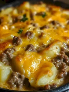Käse-Rindfleisch-Gericht mit Kartoffeln in Scheiben auf einem Teller.