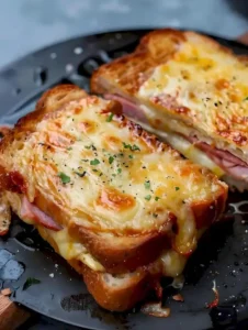 Käse-Schinken-Ei-Toast mit frisch gebratenem Ei und geschmolzenem Käse