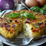 Kauliflowerkuchen mit Pecorino Romano und süßem Basilikum auf einem Teller.