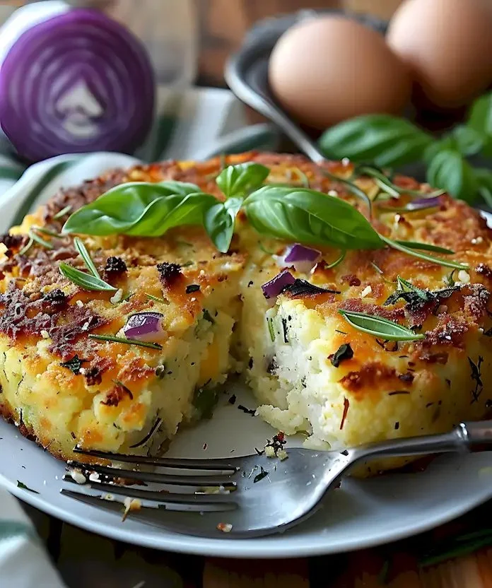 Kauliflowerkuchen mit Pecorino Romano und süßem Basilikum auf einem Teller.