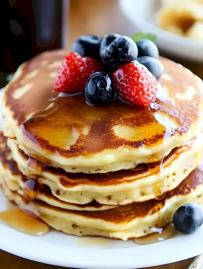 Fluffige klassische Buttermilch-Pfannkuchen auf einem Teller serviert