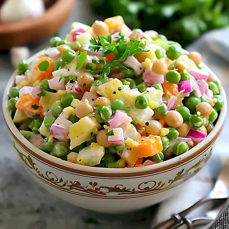 Klassischer süßer Erbsensalat mit frischen Erbsen und würzigen Zutaten