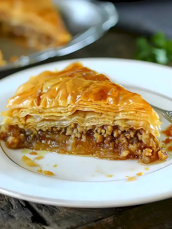 Klassisches Old Fashioned Baklava mit Honig und Nüssen, appetitlich angerichtet.