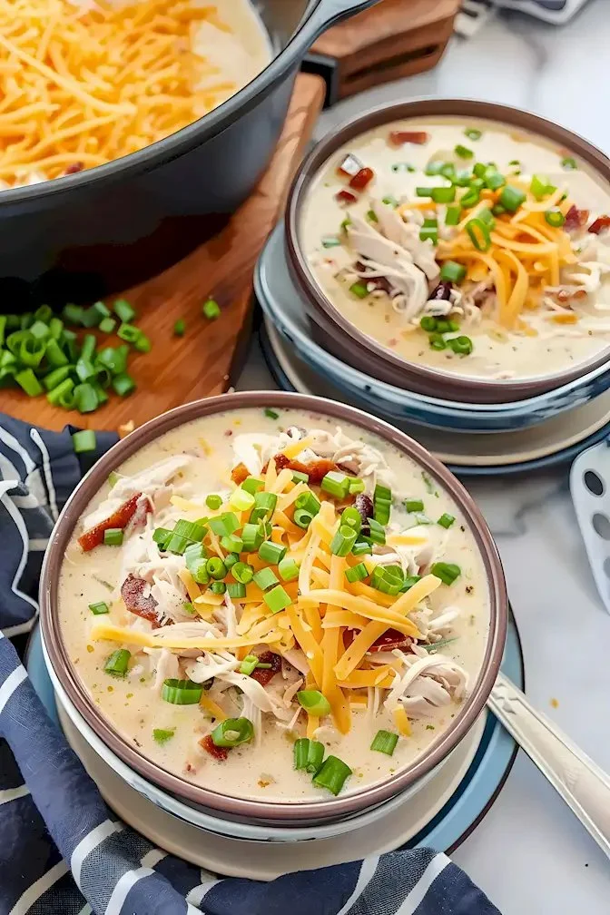 Schüssel mit knuspriger Hühnersuppe, garniert mit frischen Kräutern.