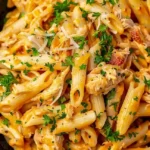 Knuspriges Hähnchen auf Penne mit frischen Zutaten serviert