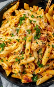 Knuspriges Hähnchen auf Penne mit frischen Zutaten serviert