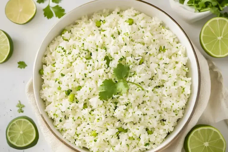 Schüssel mit Koriander-Limetten-Reis, frisch zubereitet und dekoriert.