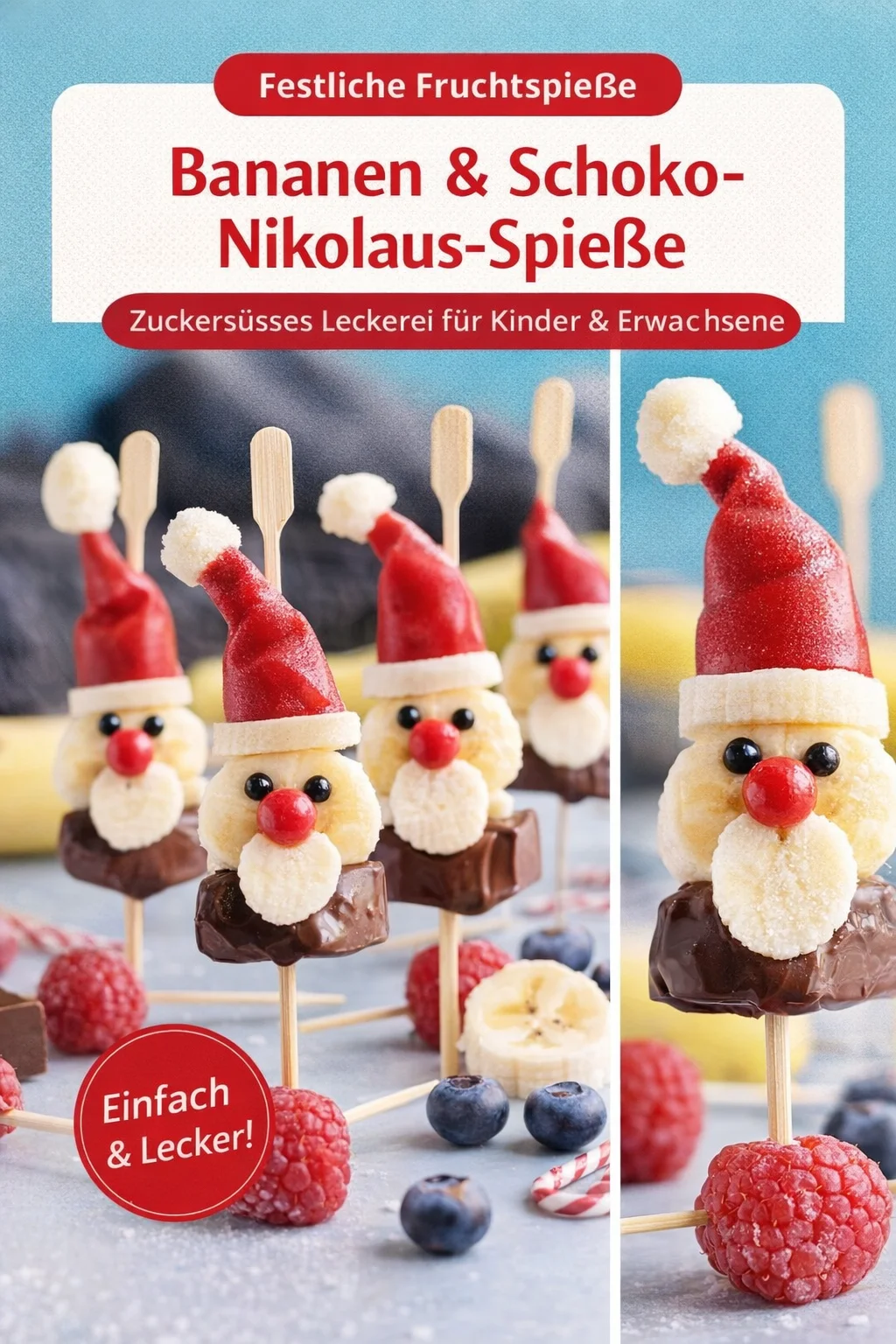 Leckere Bananen-Santa-Spieße für süße Feiertagsgenüsse - Lust auf etwas Süßes? Diese Bananen-Santa-Spieße sind perfekt für deine nächste Feier oder einen süßen Snack. Einfach zuzubereiten, super niedlich und unwiderstehlich lecker! Lass dir diese kreative Nascherei nicht entgehen und kreiere deine eigenen Weihnachtsfreuden. Probiere es jetzt aus! #Weihnachtsrezepte #Snackideen #Süßigkeiten