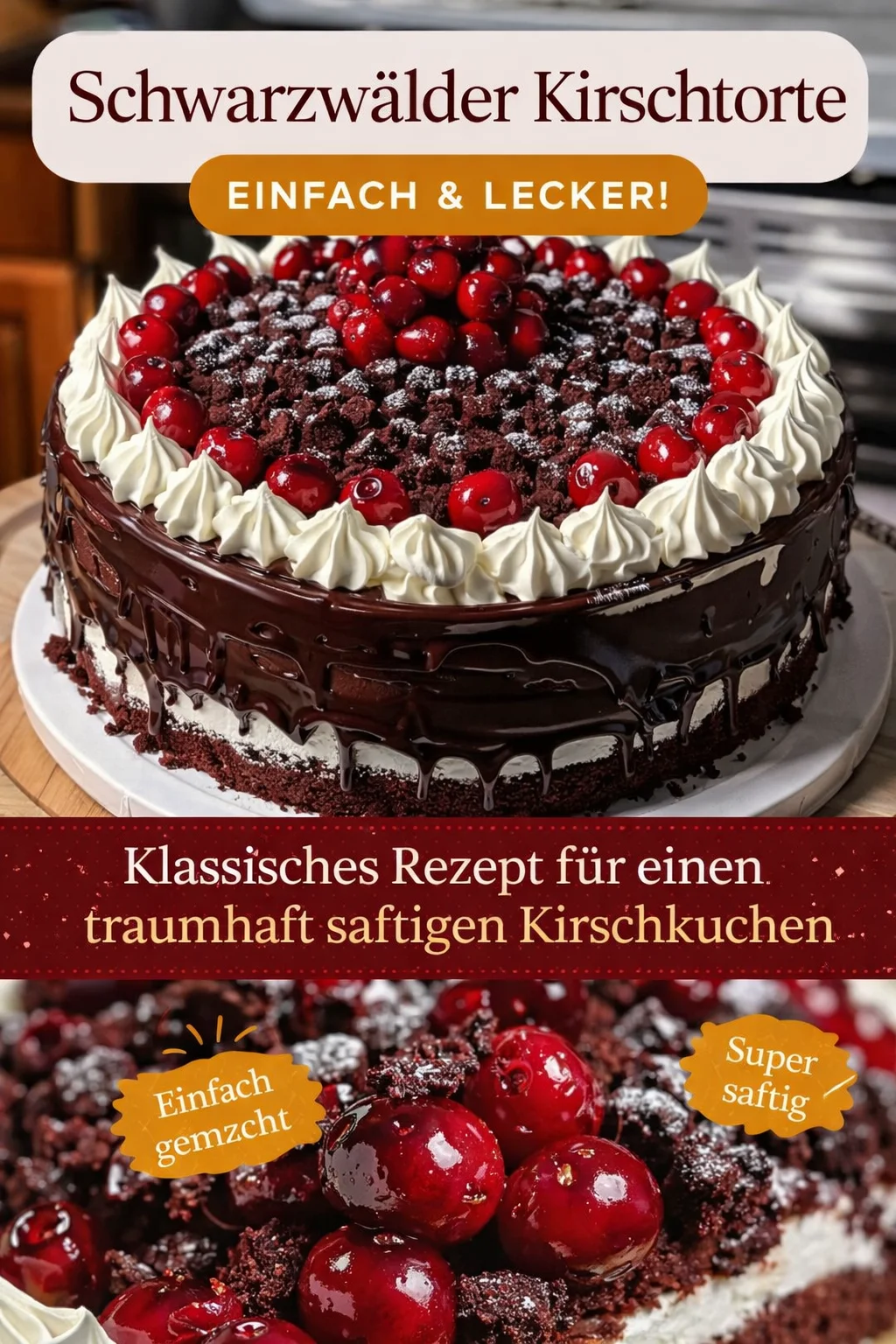 Lerne das Geheimnis der perfekten Schwarzwälder Kirschtorte - Entdecke, wie du die berühmte Schwarzwälder Kirschtorte ganz einfach selber backen kannst! Dieses verführerische Rezept kombiniert saftigen Schokoladenbiskuit, fruchtige Kirschen und traumhaftes Sahnefrosting. Der perfekte Kuchen für jeden Anlass! Starte jetzt dein Backabenteuer! #SchwarzwälderKirschtorte #Backen #KuchenRezepte