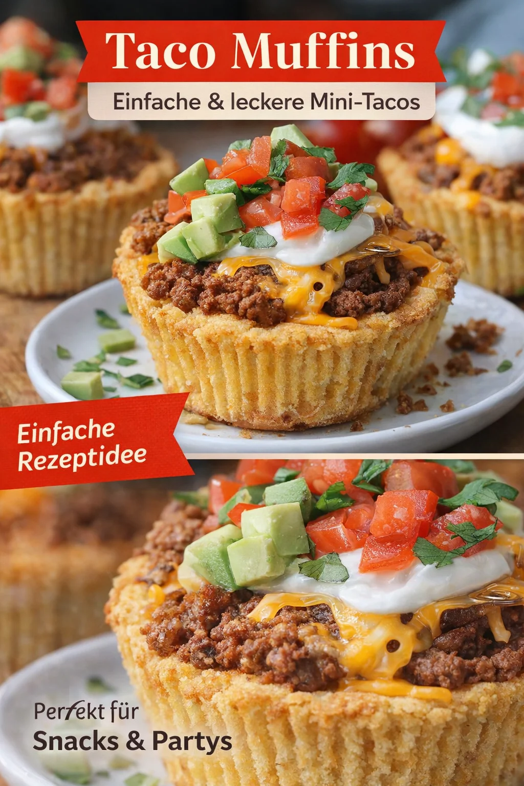 Lust auf einen Snack? Probiere diese köstlichen Taco-Muffins! - Verwöhne deine Gäste mit leckeren Taco-Muffins! Diese herzhafte Snackalternative bringt den Taco-Genuss in einer unkomplizierten Muffinform auf den Tisch. Perfekt für Filmabende oder gesellige Abende mit Freunden. Folge den einfachen Schritten und genieße sie frisch aus dem Ofen! Probiere das Rezept jetzt aus und mache deine nächste Feier unvergesslich! #TacoMuffins #SnackRezepte #LeckerUndSchnell