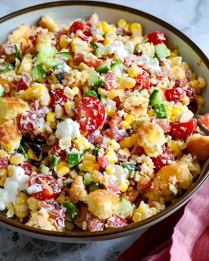 Leckere Portion Maisbrot-Salat auf einem Teller mit frischen Zutaten