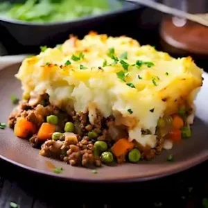 Rindfleisch Shepherd's Pie auf einem Teller serviert mit frischen Kräutern garniert