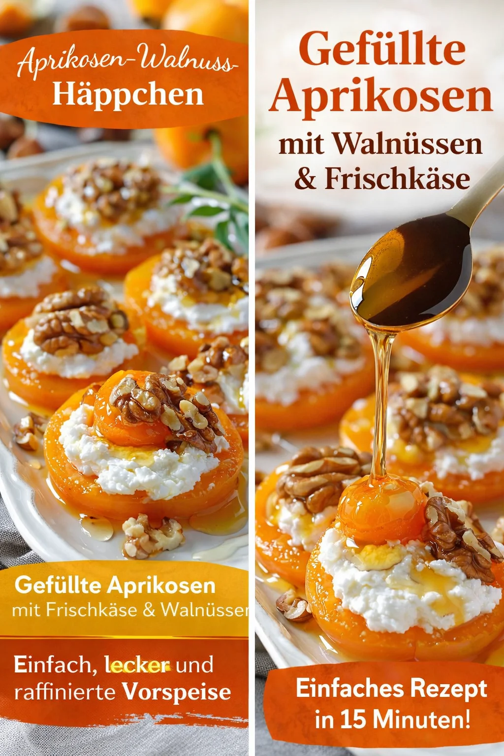 Süße Aprikosen mit Ziegenkäse und Honig-Walnuss auf einfacher Art genießen - Entdecke das perfekte Rezept für deine nächste Vorspeise! Aprikosen mit Ziegenkäse und einem köstlichen Honig-Walnuss-Sirup sind schnell und einfach zubereitet. Ideal für Feste oder als gesunder Snack. Lass dich von dieser Geschmackskombination begeistern und bereite sie noch heute zu! Probiere es aus und teile die Freude! #Vorspeisen #GesundeRezepte #Aprikosen