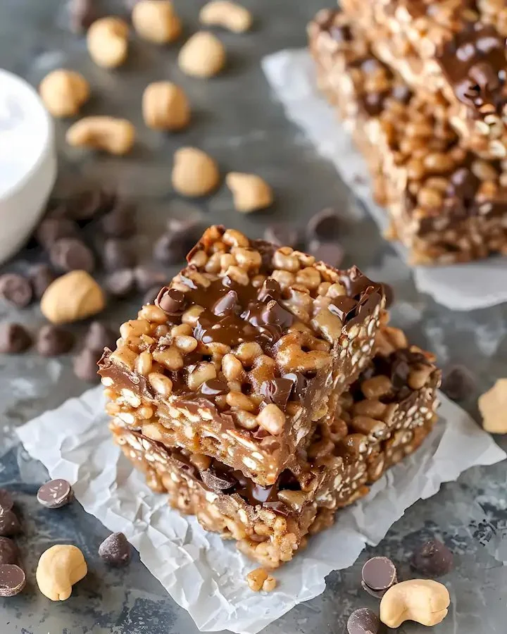 Leckere Schokoladen-Peanutbutter-Reiskrispie-Riegel auf einem Teller