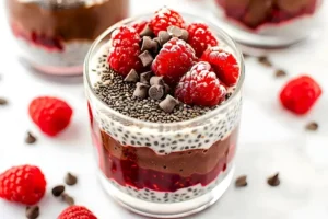 Schokoladen-Rahm-Parfaits mit Erdbeeren und Chia-Samen in einer Dessertschale