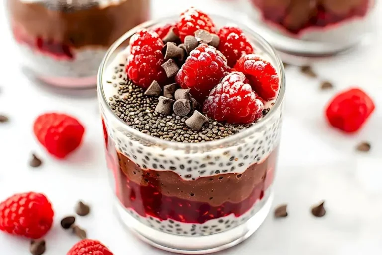Schokoladen-Rahm-Parfaits mit Erdbeeren und Chia-Samen in einer Dessertschale