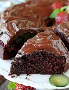 Schokoladiger Zucchini Kuchen auf einem Teller serviert