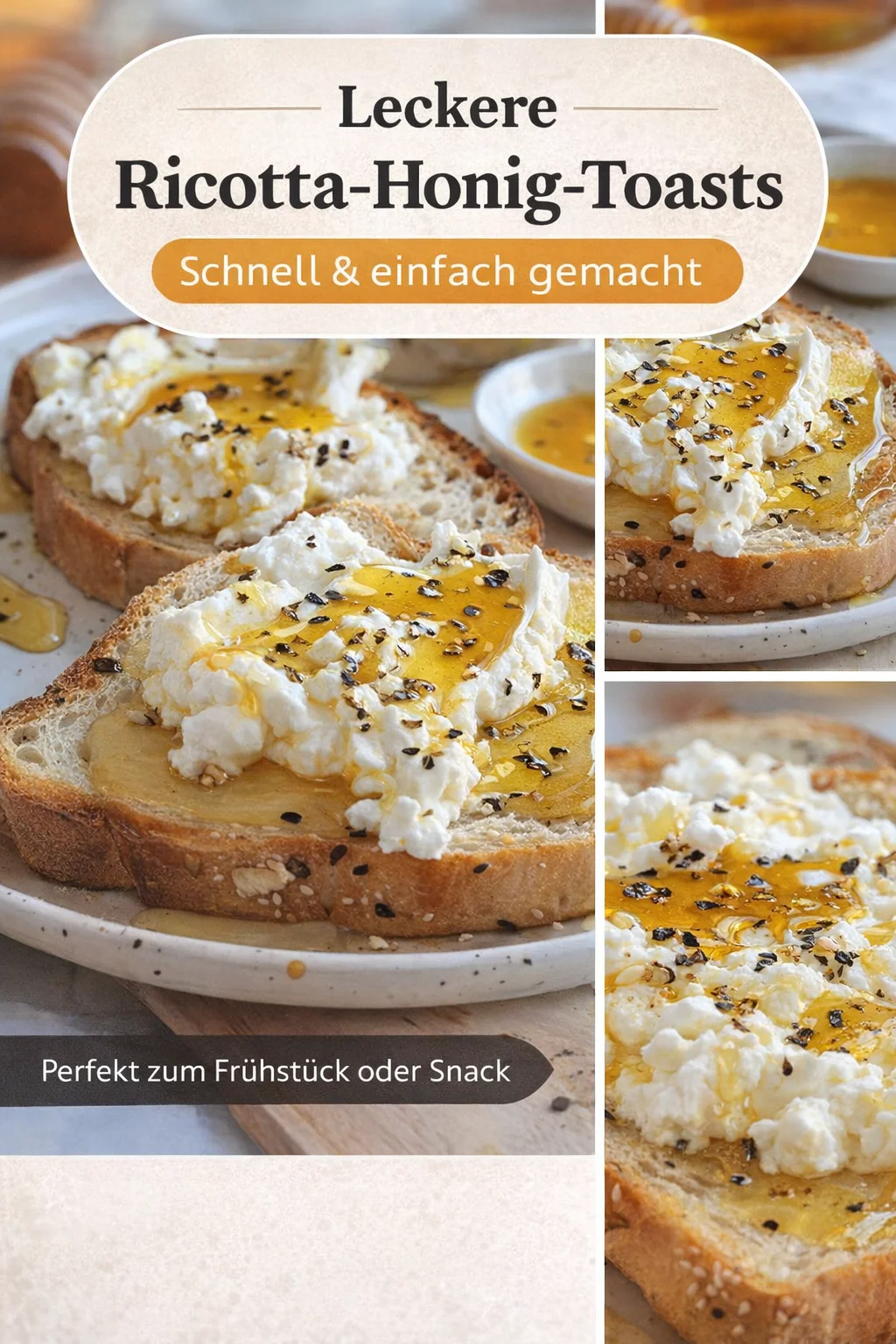 So einfach und lecker: Ricotta- und Honig-Toast für jede Gelegenheit - Hast du schon mal Ricotta- und Honig-Toast probiert? Dieses einfache Rezept ist perfekt für ein schnelles Frühstück oder einen leckeren Snack. Die cremige Konsistenz des Ricotta kombiniert mit süßem Honig macht jede Scheibe unwiderstehlich. Toppe den Toast mit frischem Obst und Pistazien für zusätzlichen Genuss! Probiere es aus und teile deine Kreation mit uns! #RicottaToast #EinfachKochen #SnackIdeen