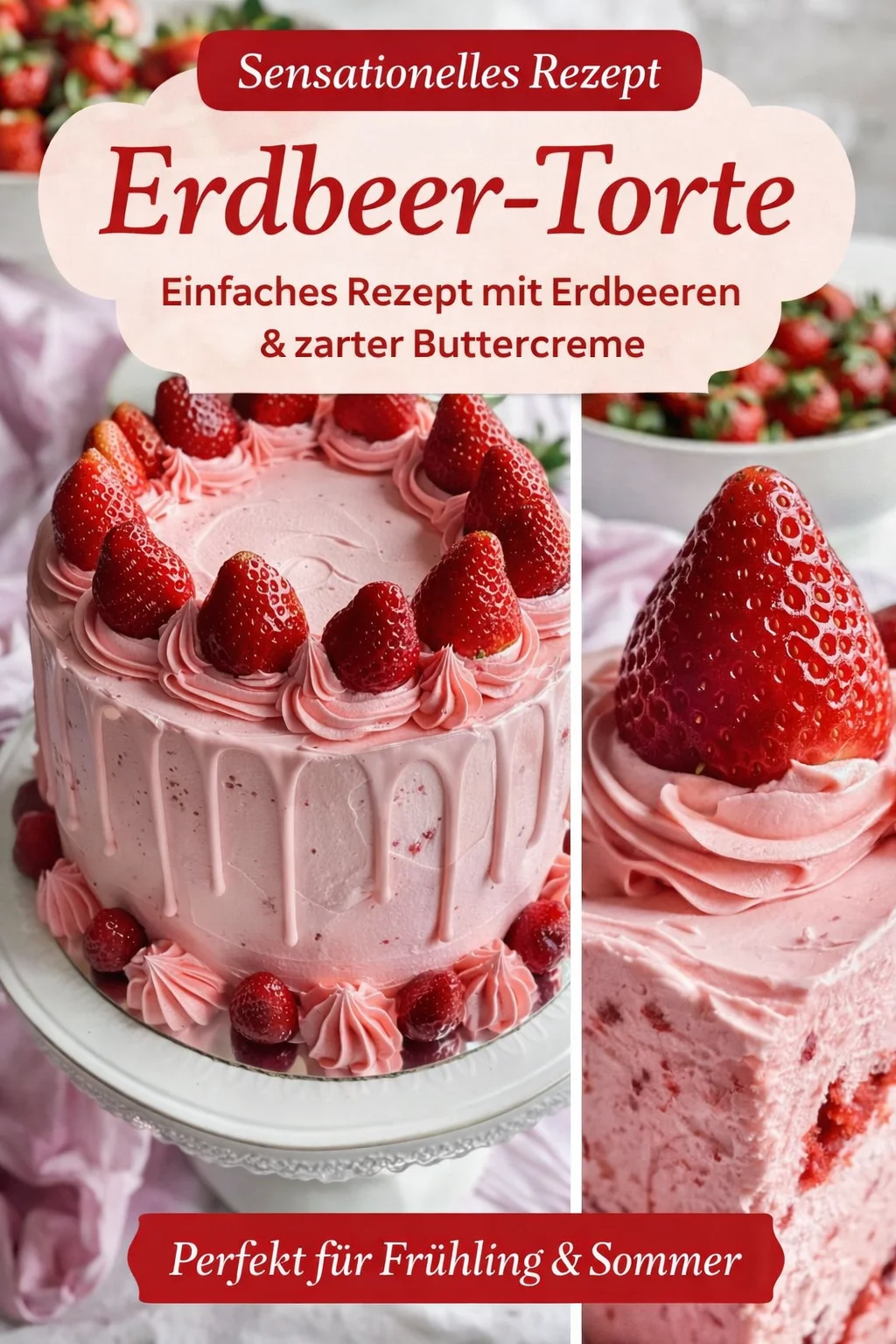 Verführerischer Erdbeer-Buttercreme-Kuchen: Der perfekte Genuss für jeden Anlass - Entdecken Sie unser unwiderstehliches Rezept für Erdbeer-Buttercreme-Kuchen – die perfekte süße Verführung für Feiern oder als Genuss für sich selbst! Saftiger Kuchen trifft auf cremige Buttercreme und frische Erdbeeren. Bereiten Sie ihn jetzt zu und begeistern Sie Familie und Freunde! Klicken Sie für die einfachen Schritte und machen Sie jeden Anlass zu etwas Besonderem. #KuchenRezepte #Backen #Erdbeerkuchen