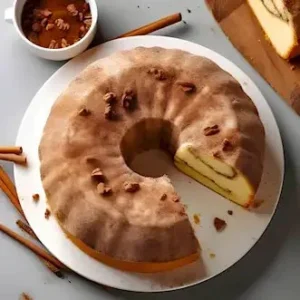 Zimt-Kaffee-Kuchen auf einem Holztablett, angereichert mit Zimt und Kaffeegeschmack.