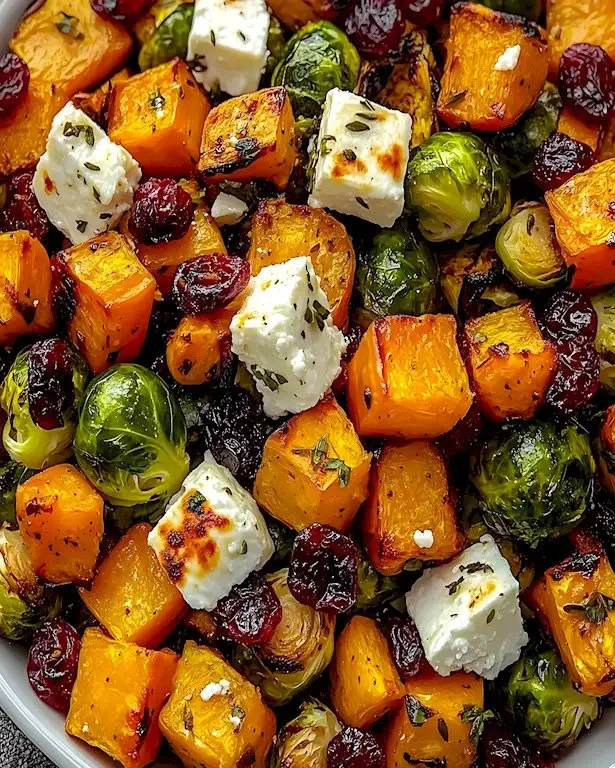 Cranberry-glazierter Butternusskürbis-Salat mit frischen Zutaten.