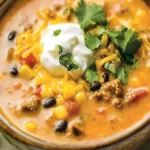 Schüssel mit cremiger Taco-Suppe, garniert mit frischen Kräutern und Tortilla-Chips.