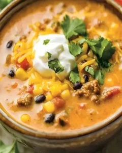 Schüssel mit cremiger Taco-Suppe, garniert mit frischen Kräutern und Tortilla-Chips.