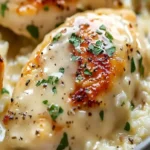 Cremiges Parmesan-Hähnchen serviert mit Reis auf einem Teller