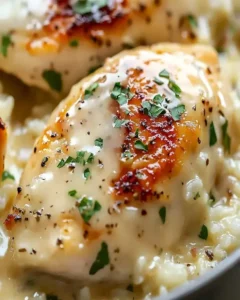 Cremiges Parmesan-Hähnchen serviert mit Reis auf einem Teller